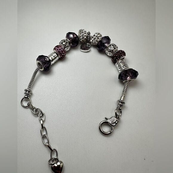 Pandora-style, silver tone purple glass, pink/white rhinestone beaded bracelet! - Picture 7 of 13